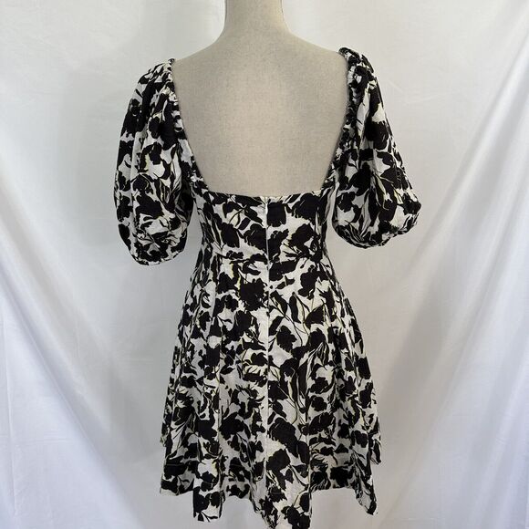 Anthropologie Aureta Floral Black White Dress Size SMALL Puff Sleeve - Picture 5 of 7
